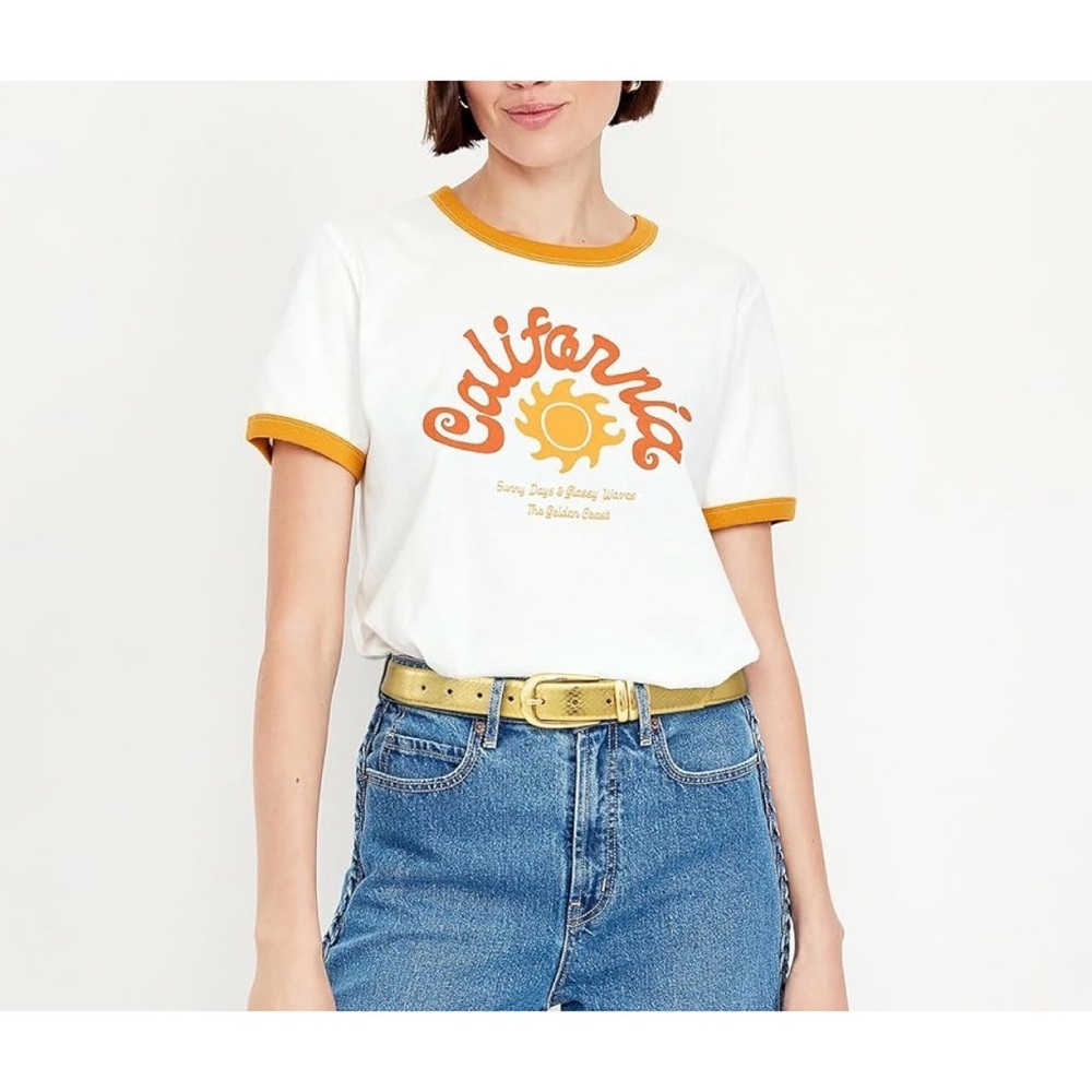 Old Navy graphic ringer t-shirt in white with yellow trim, size Large
